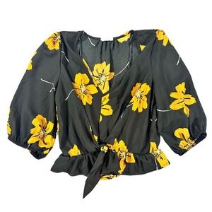 Cropped Floral Blouse Womens Small Tie Front 3/4 Sleeve Boho country feminine